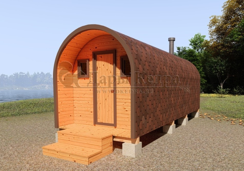 Баня-бочка буханка из кедра 6 метров с верандой